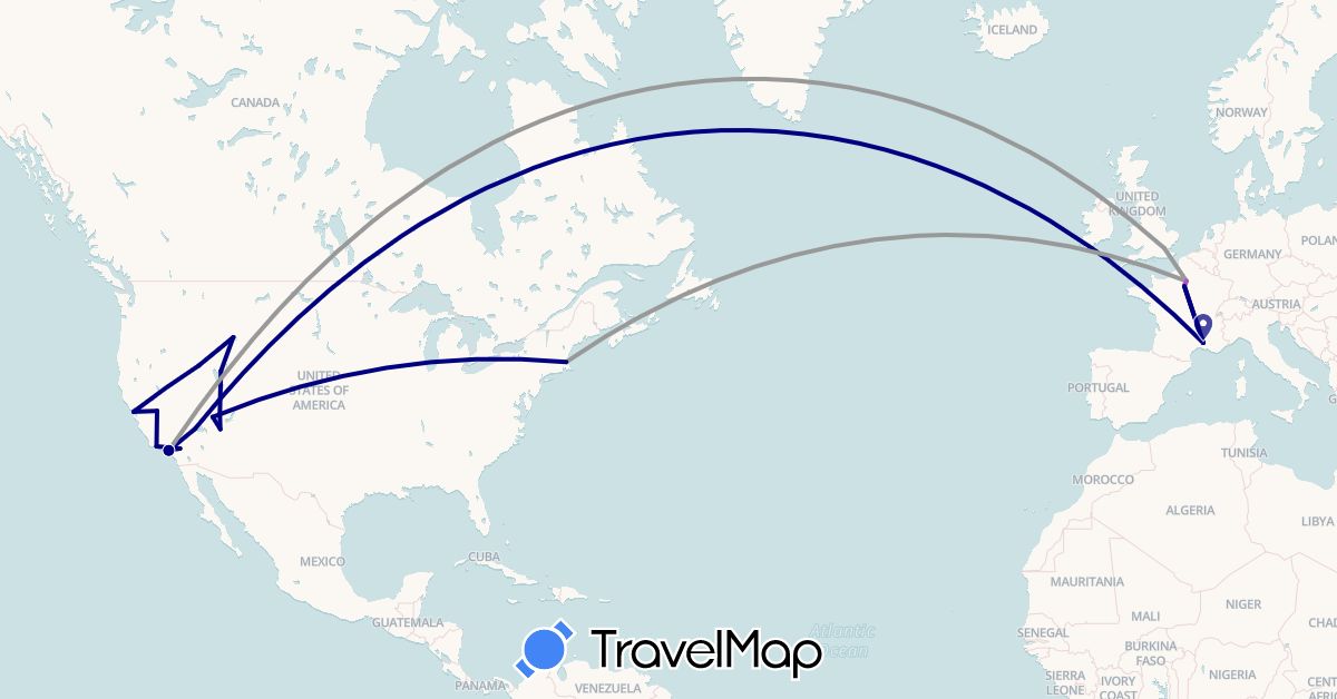 TravelMap itinerary: driving, plane, train in France, United Kingdom, United States (Europe, North America)